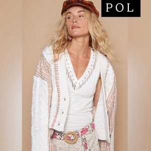 412. POL Women's Cream Pink Plaid Open Cardigan NEW